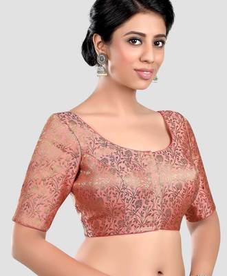 Peach banarasi brocade short sleeves padded readymade saree blouse 3