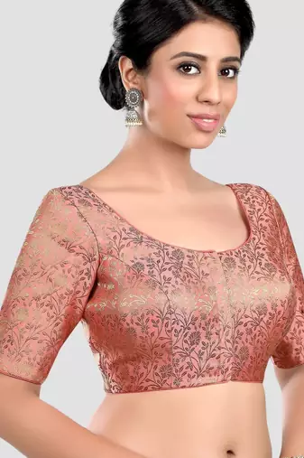 Peach banarasi brocade short sleeves padded readymade saree blouse