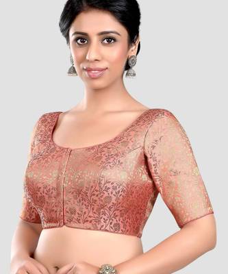Peach banarasi brocade short sleeves padded readymade saree blouse 4