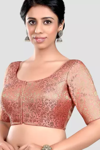 Peach banarasi brocade short sleeves padded readymade saree blouse