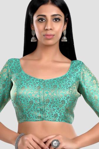 Green banarasi brocade short sleeves padded readymade saree blouse