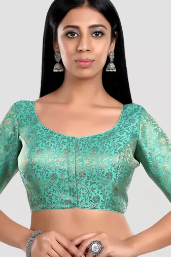 Green banarasi brocade short sleeves padded readymade saree blouse