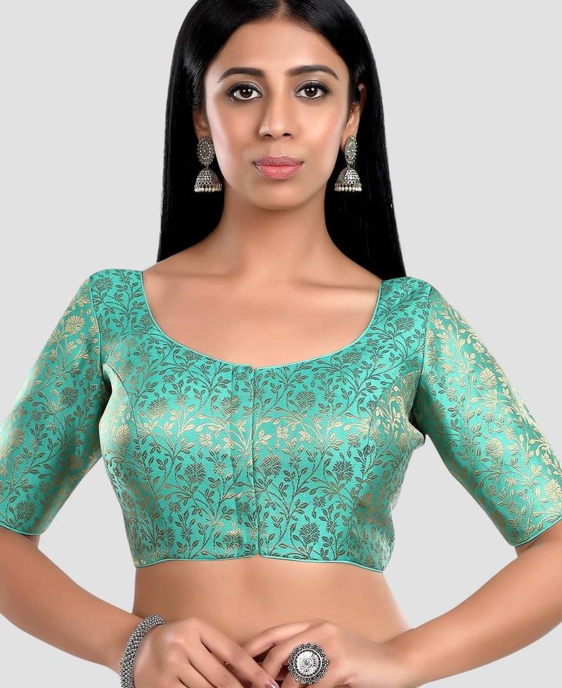 Green banarasi brocade short sleeves padded readymade saree blouse