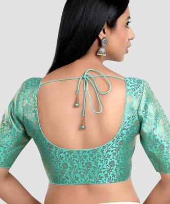 Green banarasi brocade short sleeves padded readymade saree blouse 2
