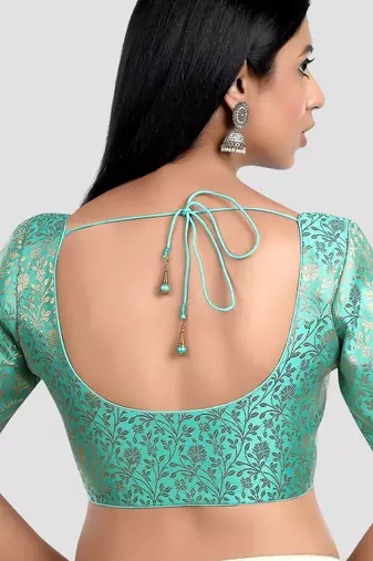 Green banarasi brocade short sleeves padded readymade saree blouse