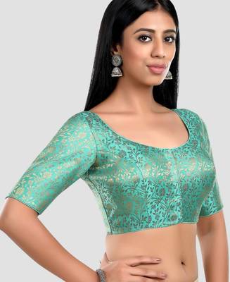 Green banarasi brocade short sleeves padded readymade saree blouse 3