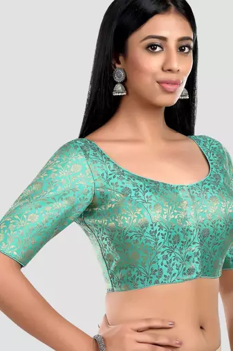 Green banarasi brocade short sleeves padded readymade saree blouse