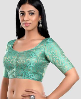 Green banarasi brocade short sleeves padded readymade saree blouse 4