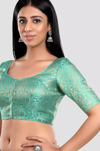 Green banarasi brocade short sleeves padded readymade saree blouse
