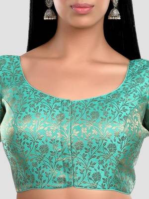 Green banarasi brocade short sleeves padded readymade saree blouse 5