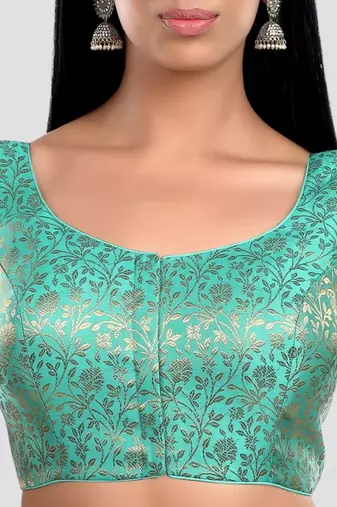 Green banarasi brocade short sleeves padded readymade saree blouse
