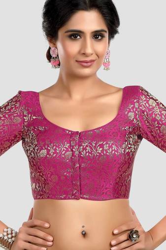 Magenta banarasi brocade short sleeves padded readymade saree blouse