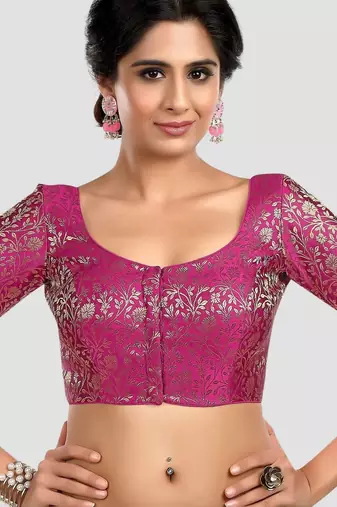 Magenta banarasi brocade short sleeves padded readymade saree blouse