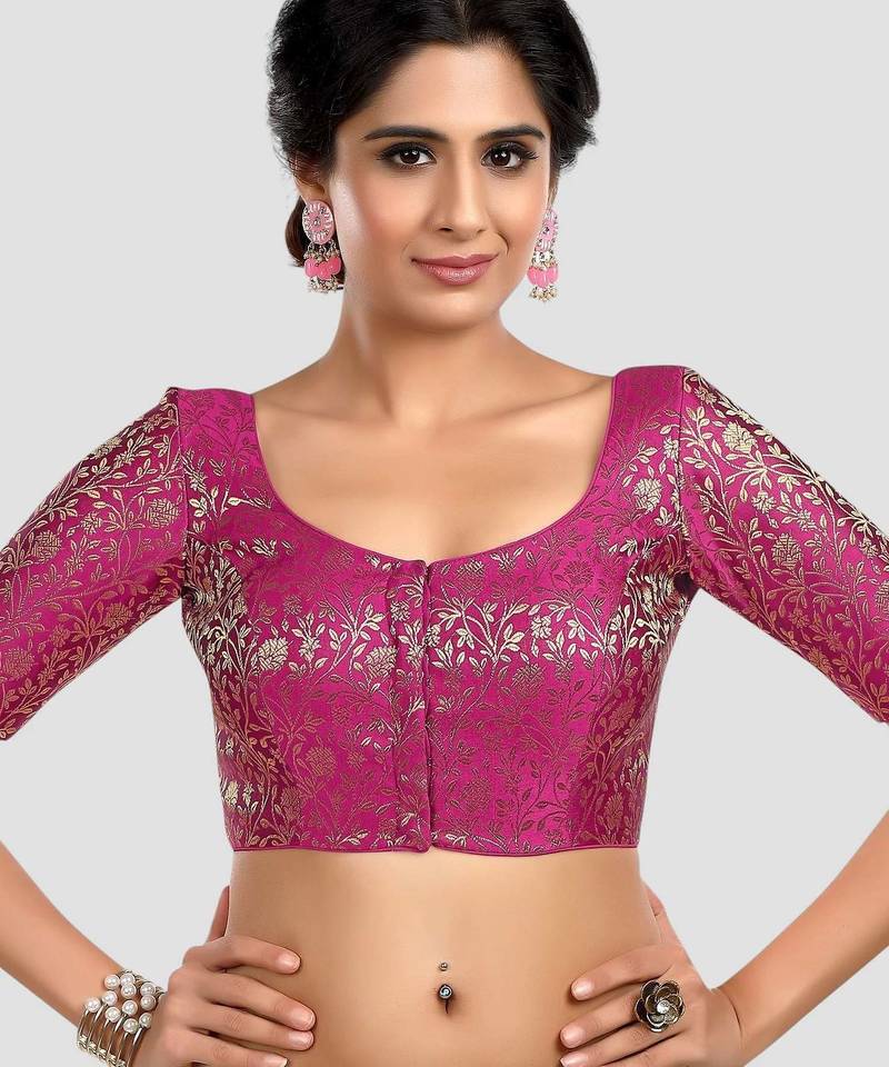 Magenta banarasi brocade short sleeves padded readymade saree blouse