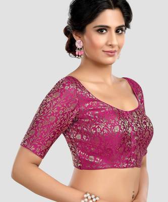 Magenta banarasi brocade short sleeves padded readymade saree blouse 3