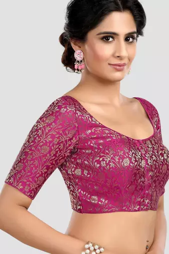 Magenta banarasi brocade short sleeves padded readymade saree blouse