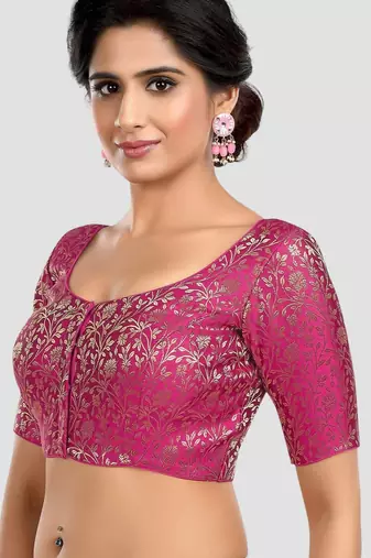 Magenta banarasi brocade short sleeves padded readymade saree blouse