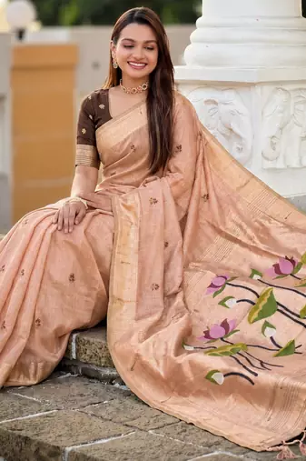 soft pure muga cotton  saree with meenakari  weaving  motifs and contrast blouse