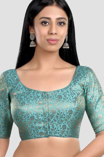 Sky blue banarasi brocade short sleeves padded readymade saree blouse