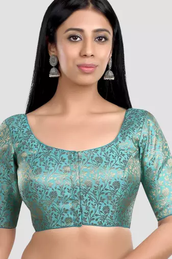 Sky blue banarasi brocade short sleeves padded readymade saree blouse