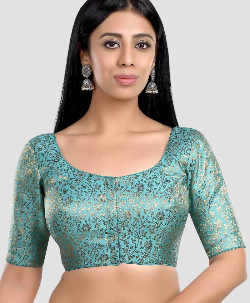 Sky blue banarasi brocade short sleeves padded readymade saree blouse