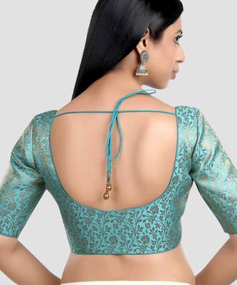 Sky blue banarasi brocade short sleeves padded readymade saree blouse 2