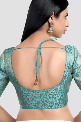 Sky blue banarasi brocade short sleeves padded readymade saree blouse