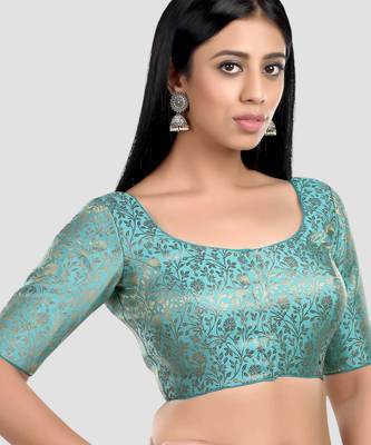 Sky blue banarasi brocade short sleeves padded readymade saree blouse 3