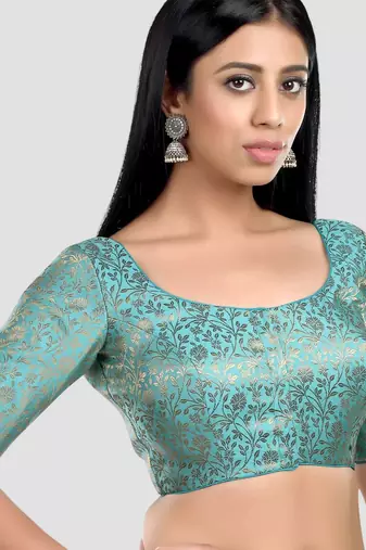 Sky blue banarasi brocade short sleeves padded readymade saree blouse