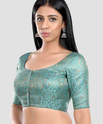 Sky blue banarasi brocade short sleeves padded readymade saree blouse 4