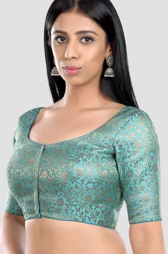 Sky blue banarasi brocade short sleeves padded readymade saree blouse