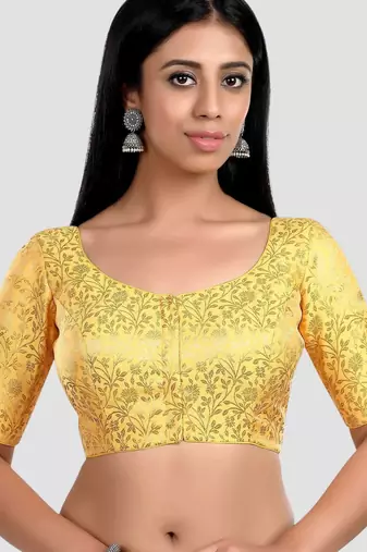 Yellow banarasi brocade short sleeves padded readymade saree blouse