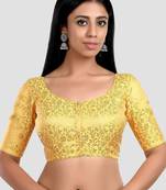 Yellow banarasi brocade short sleeves padded readymade saree blouse