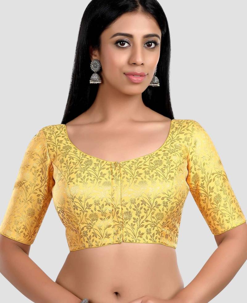 Yellow banarasi brocade short sleeves padded readymade saree blouse