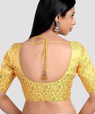 Yellow banarasi brocade short sleeves padded readymade saree blouse 2