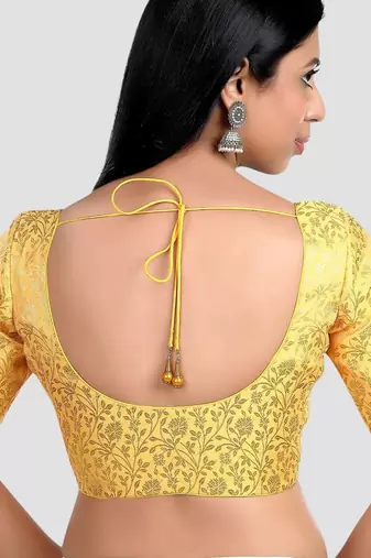 Yellow banarasi brocade short sleeves padded readymade saree blouse