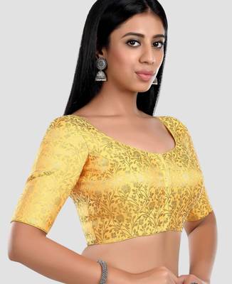 Yellow banarasi brocade short sleeves padded readymade saree blouse 3
