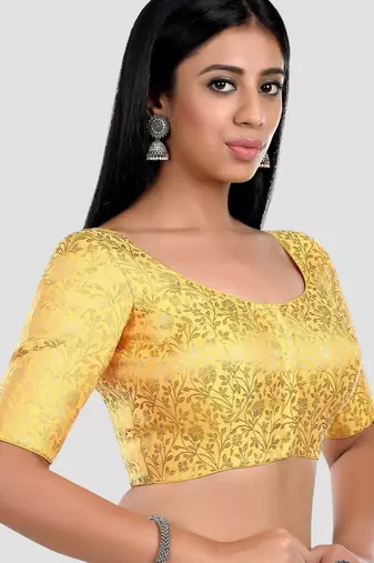 Yellow banarasi brocade short sleeves padded readymade saree blouse