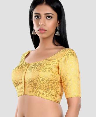 Yellow banarasi brocade short sleeves padded readymade saree blouse 4