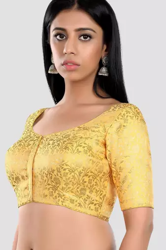 Yellow banarasi brocade short sleeves padded readymade saree blouse