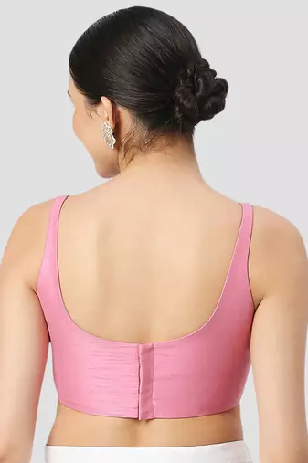 Pink plain silk spaghetti padded readymade saree blouse