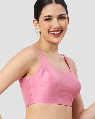 Pink plain silk spaghetti padded readymade saree blouse 3