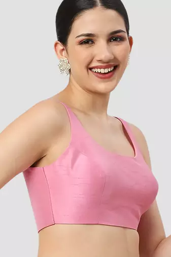 Pink plain silk spaghetti padded readymade saree blouse