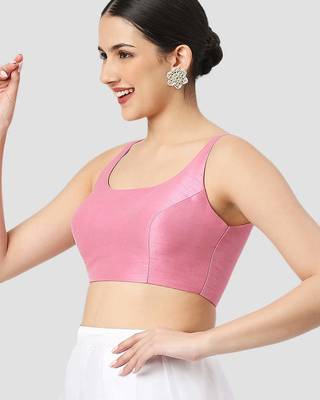 Pink plain silk spaghetti padded readymade saree blouse 4