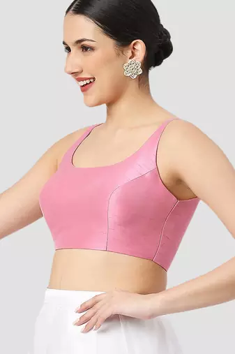 Pink plain silk spaghetti padded readymade saree blouse