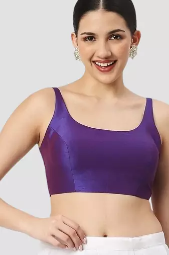 Purple plain silk spaghetti padded readymade saree blouse