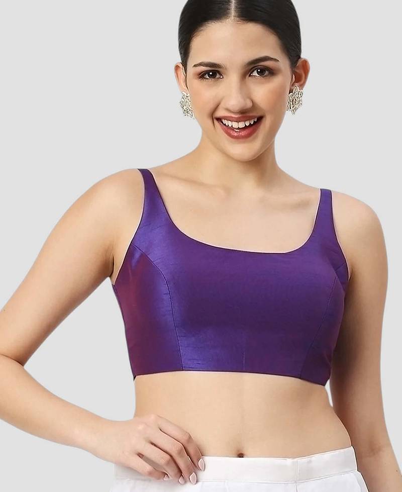 Purple plain silk spaghetti padded readymade saree blouse