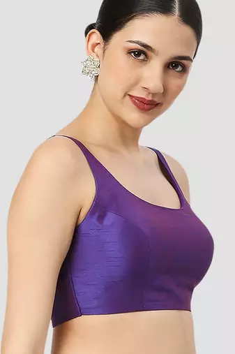 Purple plain silk spaghetti padded readymade saree blouse