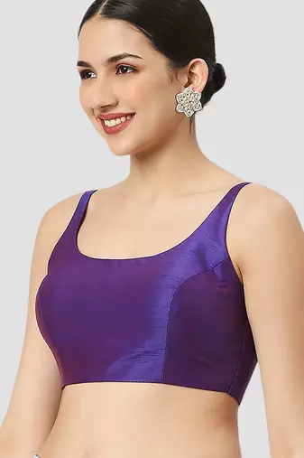 Purple plain silk spaghetti padded readymade saree blouse