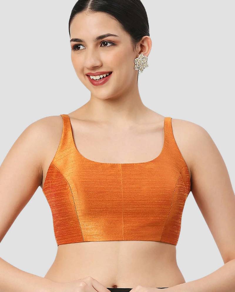 Orange plain silk spaghetti padded readymade saree blouse